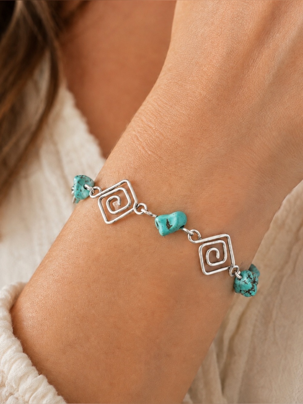 Estate Silver Turquoise Geometrical Design DAINTY 7-8 Inches